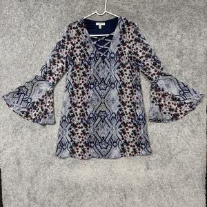 Speechless Mini Dress XS Blue Floral Chiffon Bell Sleeve Shift Boho Party Disco